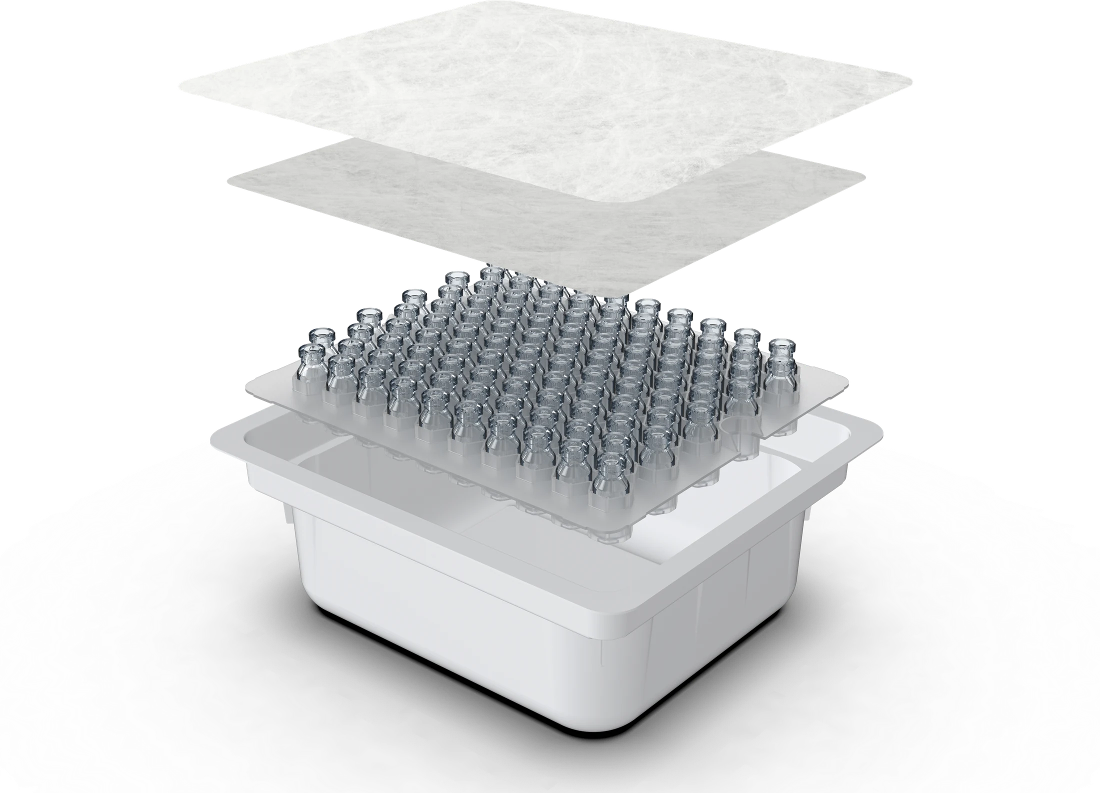 KAISHA Pharma sterile vial nest and tub, shown exploded: Tyvek lid, secondary sheet, vial nest and tub.